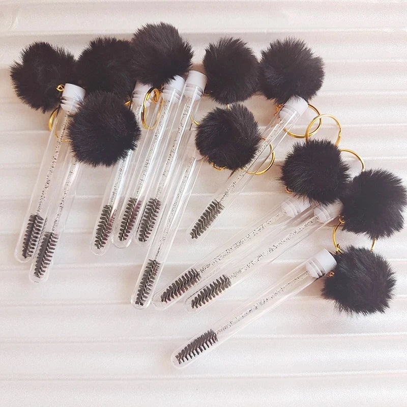 10pcs Eyelash Eyebrow Brush With Hairball Keychain Mascara Wand Reusable Lash Extension Clear Micro Comb Container Makeup Tool