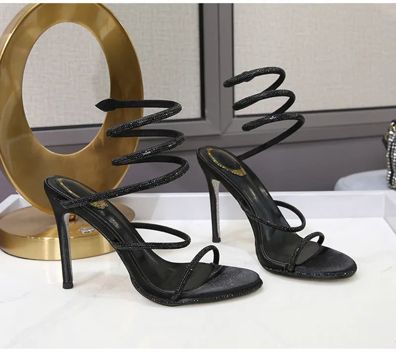 Fashion Summer Snake Twine Around Crystal Women Sandals Luxury Rhinestones Thin High heels Gladiator Sandals Party Prom Shoes