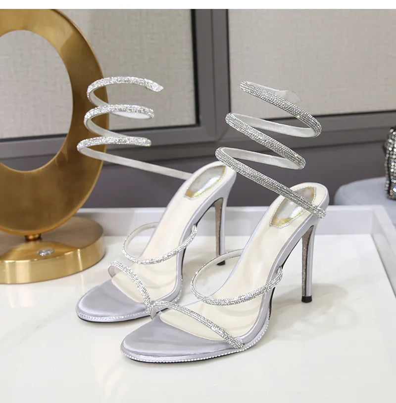 Fashion Summer Snake Twine Around Crystal Women Sandals Luxury Rhinestones Thin High heels Gladiator Sandals Party Prom Shoes