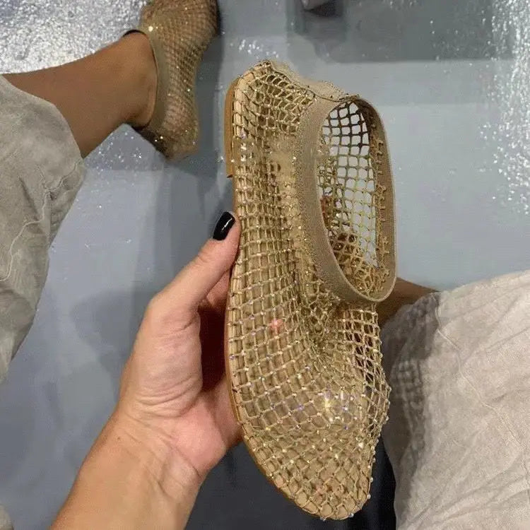 Luxury brand Women's New Round Toe Flat Bottom Slippers Hollow Short Boots Water Diamond Sexy Flat Bottom Banquet Sandals
