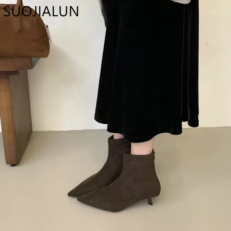 SUOJIALUN 2024 Winter New Brand Women Short Boots Fashion Pointed Toe Ladies Elegant Ankle Boots Thin High Heel Dress Pumps Shoe