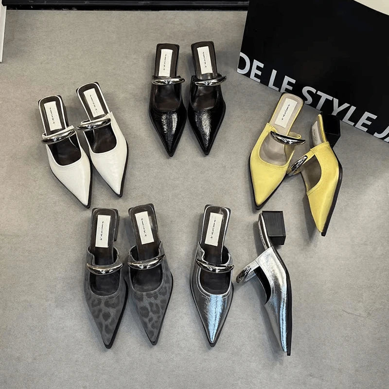 Summer Women Cover Toe Mules Slippers Fashion Metal Decoration Thick Heel Slide Shoes Comfort Street Style Footwear
