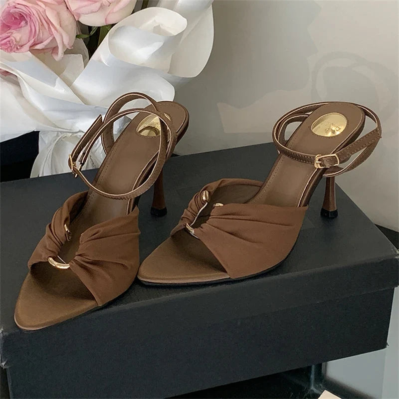 Eilyken Summer Fashion Thin Heels Pleated Hollow Out Buckle Strap Women Sandals Pointed Toe Banquet Party Female Shoes 6CM 9CM