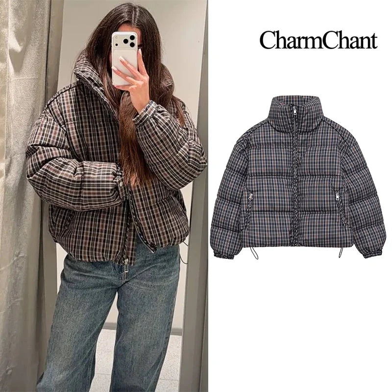 CharmChant Stand-Collar Plaid Puffer Jacket for Women Winter 2025 Padding Coat Female New in Coats Warm Check Outerwears Parkas