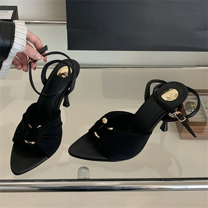Eilyken Summer Fashion Thin Heels Pleated Hollow Out Buckle Strap Women Sandals Pointed Toe Banquet Party Female Shoes 6CM 9CM
