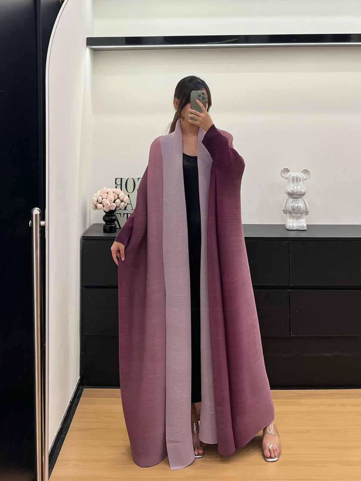 Wrinkled Women's Windbreaker Jacket Bat Sleeve Scarf Collar, Gradient Long Robe Fashion Retro Coats and Jackets Women