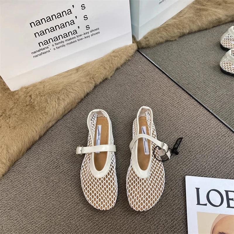 Women's Mary Jane Flats 2026 New Hollow Out Mesh Breathable Fishnet Ankle Strap Casual Summer Sandals