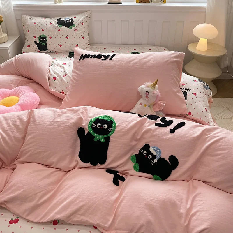 Cute Cat Bedding Set For adults kids Brown pink Lovely Bed Sheet set With Pillowcases Colorful King Queen Full size