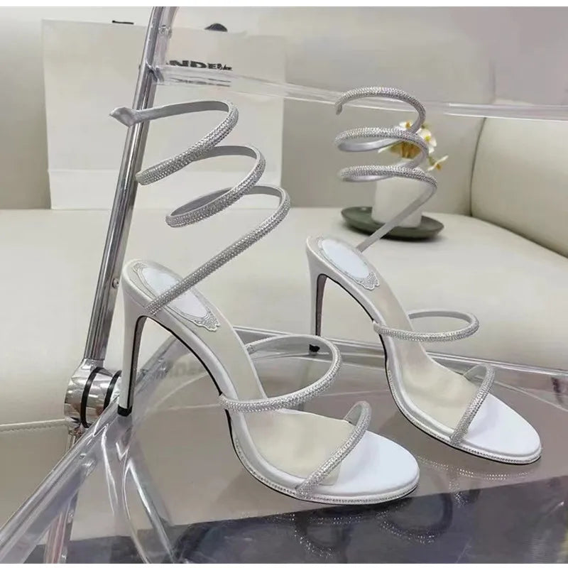 Fashion Summer Snake Twine Around Crystal Women Sandals Luxury Rhinestones Thin High heels Gladiator Sandals Party Prom Shoes