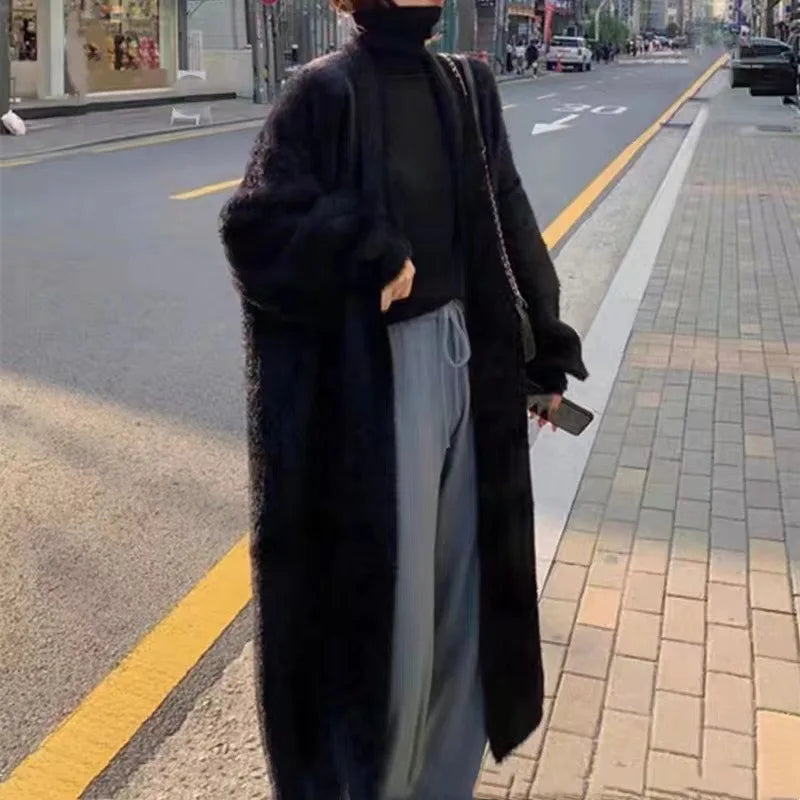 Autumn and winter loose and lazy style open knit coat, thick knee length imitation mink fur long sleeved sweater, warm jacket