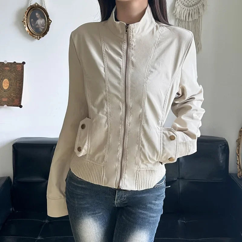 Women Jacket Pocketd Long Sleeve dCasual Zipper Coats Slim Fit Turn Down Collar Solid Outwear Elegant Lady Autumn 2024