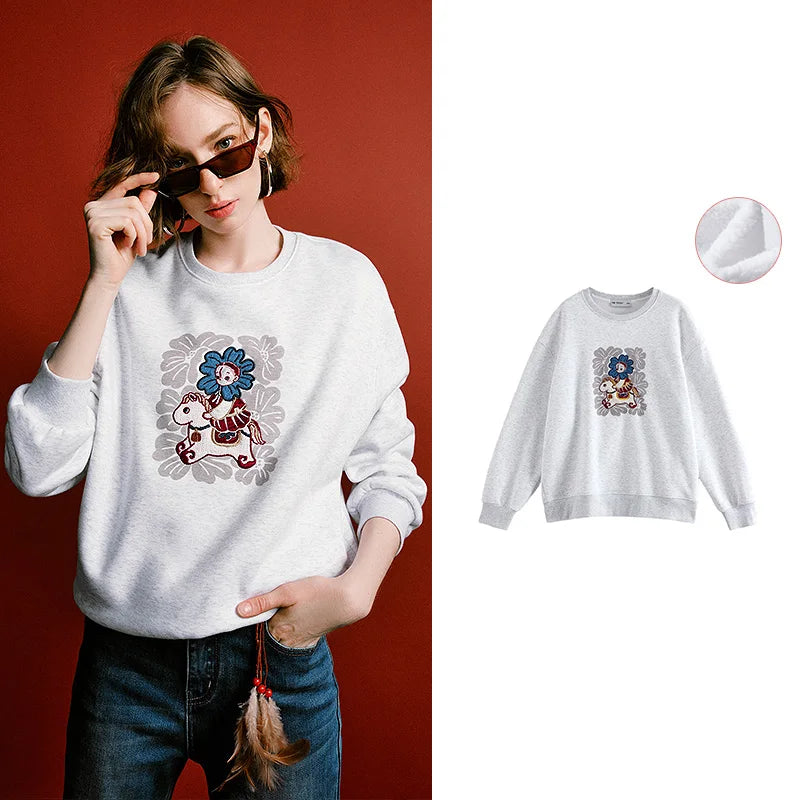 TOYOUTH Mengzhu Daji New Year Co-branded Hoodie for Women 2025 Winter New Pellet Fleece Velvet Loose Year of the Horse Top