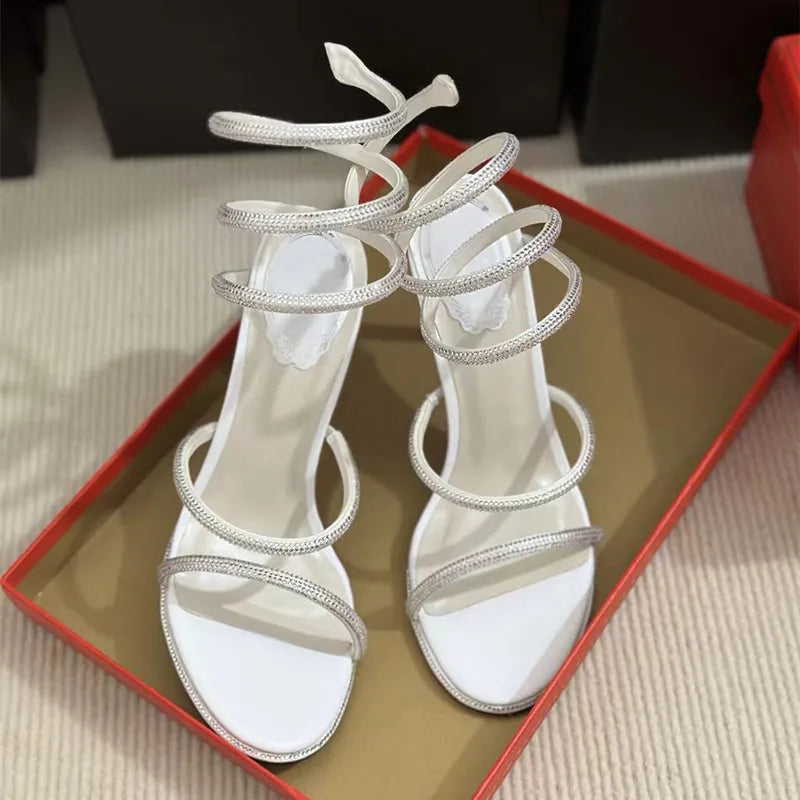 Fashion Summer Snake Twine Around Crystal Women Sandals Luxury Rhinestones Thin High heels Gladiator Sandals Party Prom Shoes