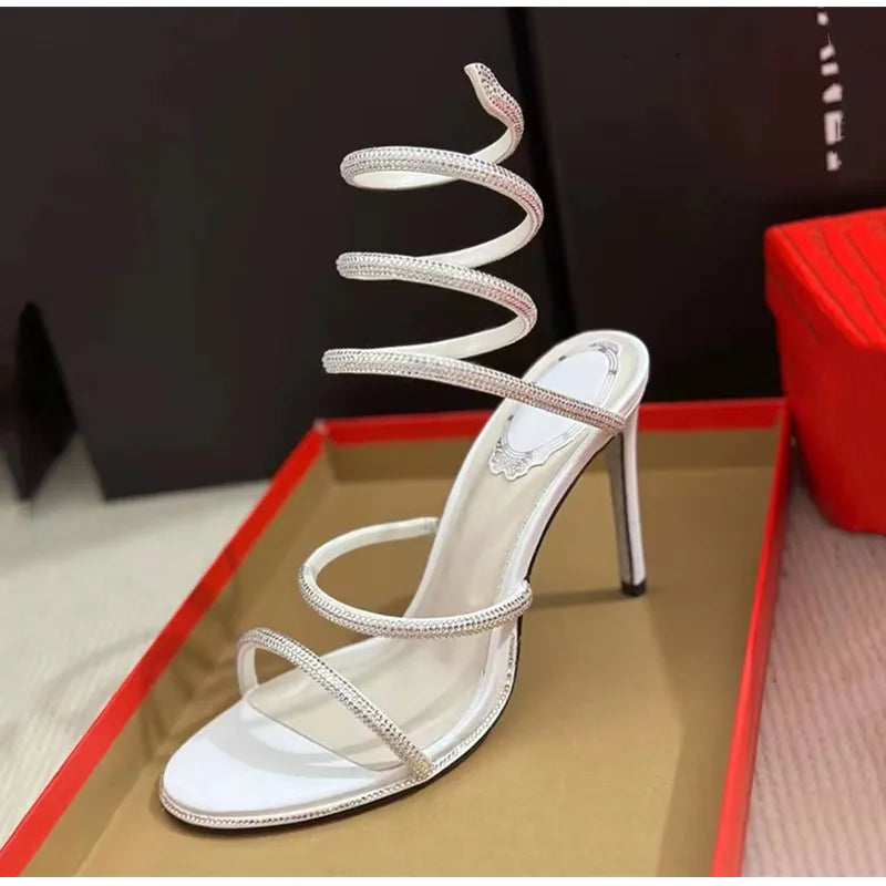 Fashion Summer Snake Twine Around Crystal Women Sandals Luxury Rhinestones Thin High heels Gladiator Sandals Party Prom Shoes
