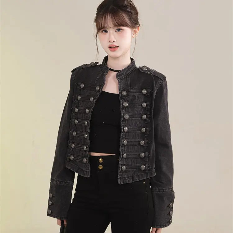 Women's American Retro Denim Military Inspired Cropped Jacket Long Sleeve Stand Collar Casual Motorcycle Coat