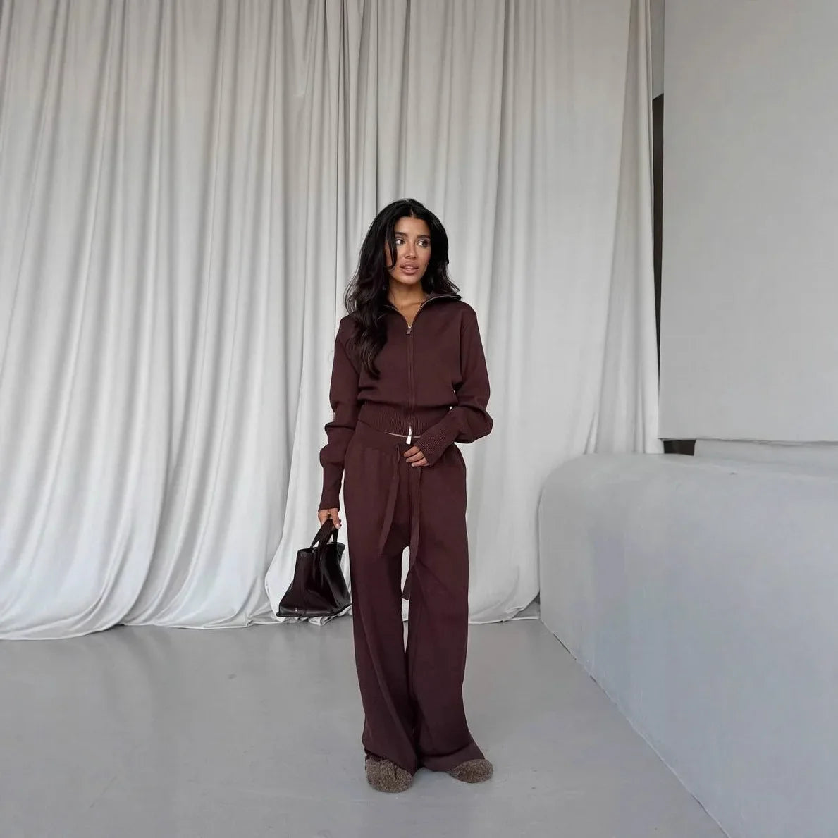 Women Cotton Knitted Cardigan Wide Leg Pants Suit Autumn and Winter Lady Fashion Loose Daily Office Jacket Straight Pants 2Pcs