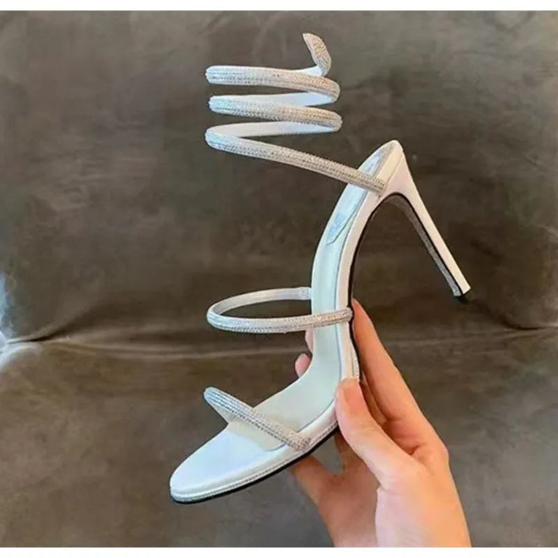 Fashion Summer Snake Twine Around Crystal Women Sandals Luxury Rhinestones Thin High heels Gladiator Sandals Party Prom Shoes