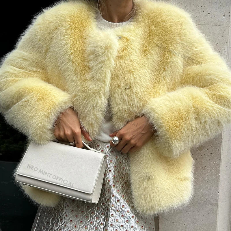 Neo Mint Cool Street Girls Winter Fashion Fluffy Fox Fur Jacket Women Casual Round Neck Faux Fur Coat Chic Thick Warm Outerwear