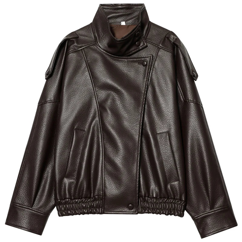 HXAO Faux Leather Black Jackets For Woman New Arrival Cropped Oversize Bomber Jacket Zip-Up Long Sleeve Coats Motorcycle Jackets