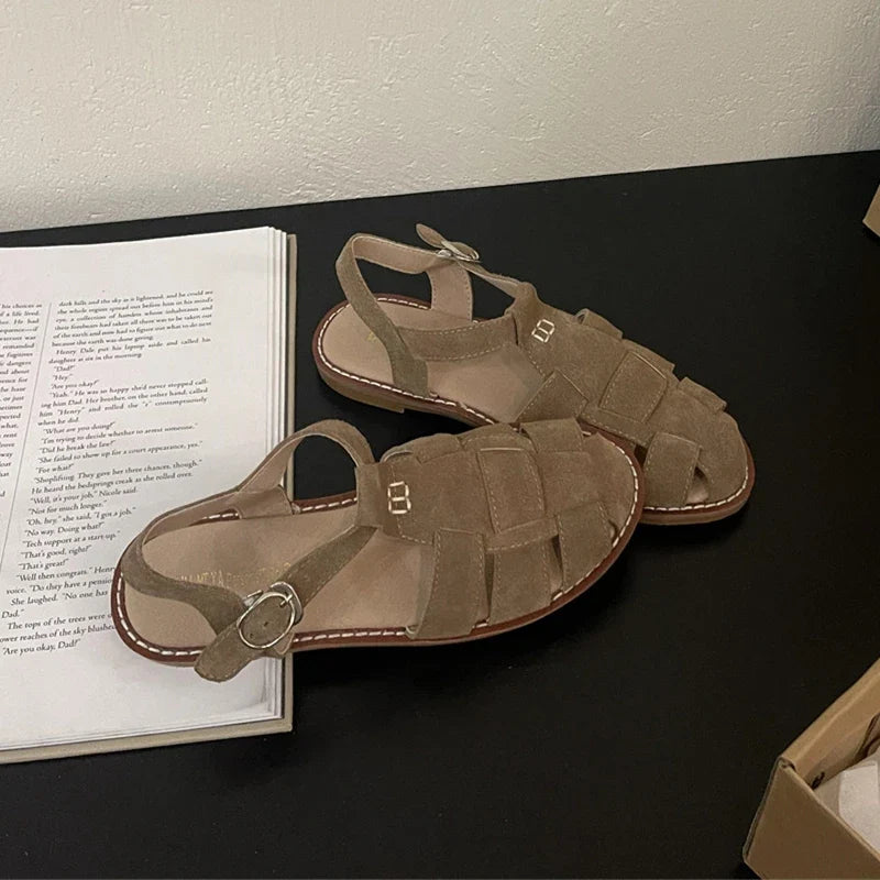 DIMANYU Women's Roman Sandals 2023 Summer New Flat Retro Real Leather Ladies Sandals Hollowed Women's Cage Shoes