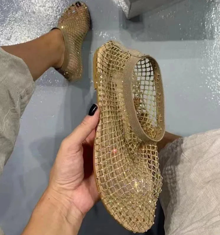 Luxury brand Women's New Round Toe Flat Bottom Slippers Hollow Short Boots Water Diamond Sexy Flat Bottom Banquet Sandals