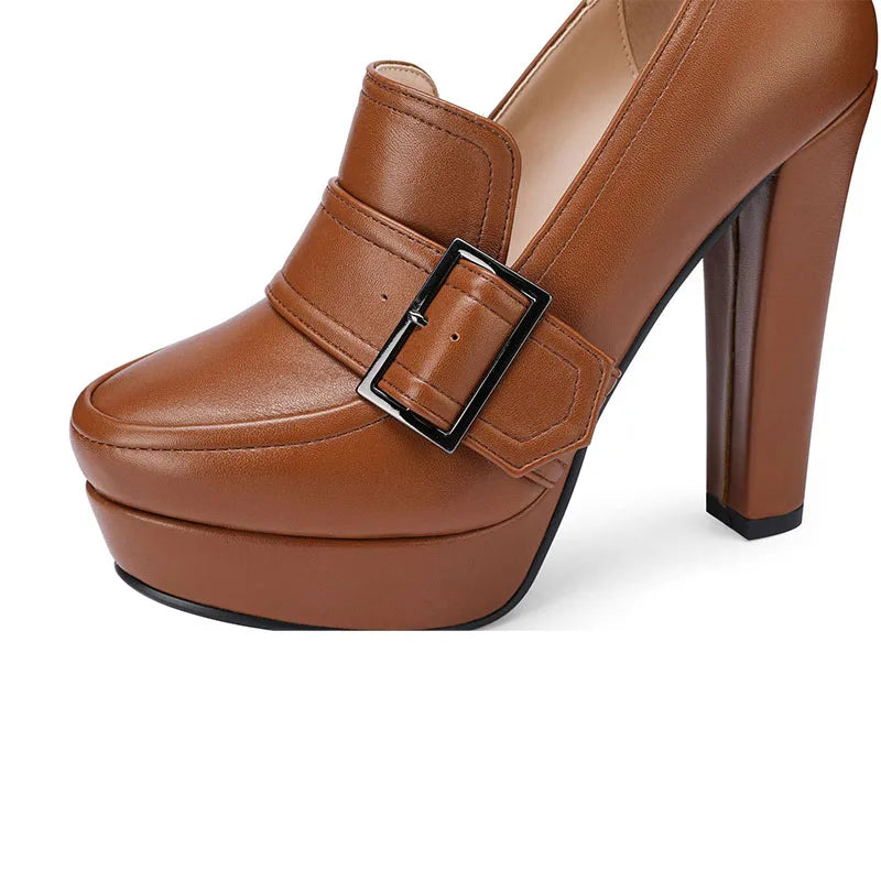 Round Toe High Heel Belt Buckle Women Single Shoes 2024 New Black Brown Spring Autumn Waterproof Platform High Heels Size 34-43
