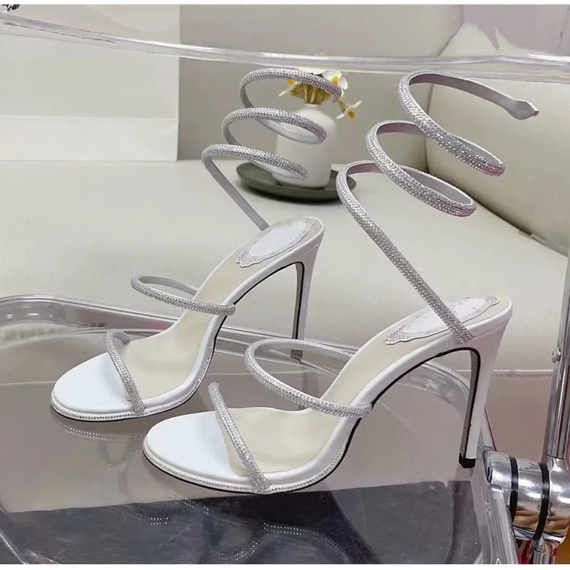 Fashion Summer Snake Twine Around Crystal Women Sandals Luxury Rhinestones Thin High heels Gladiator Sandals Party Prom Shoes