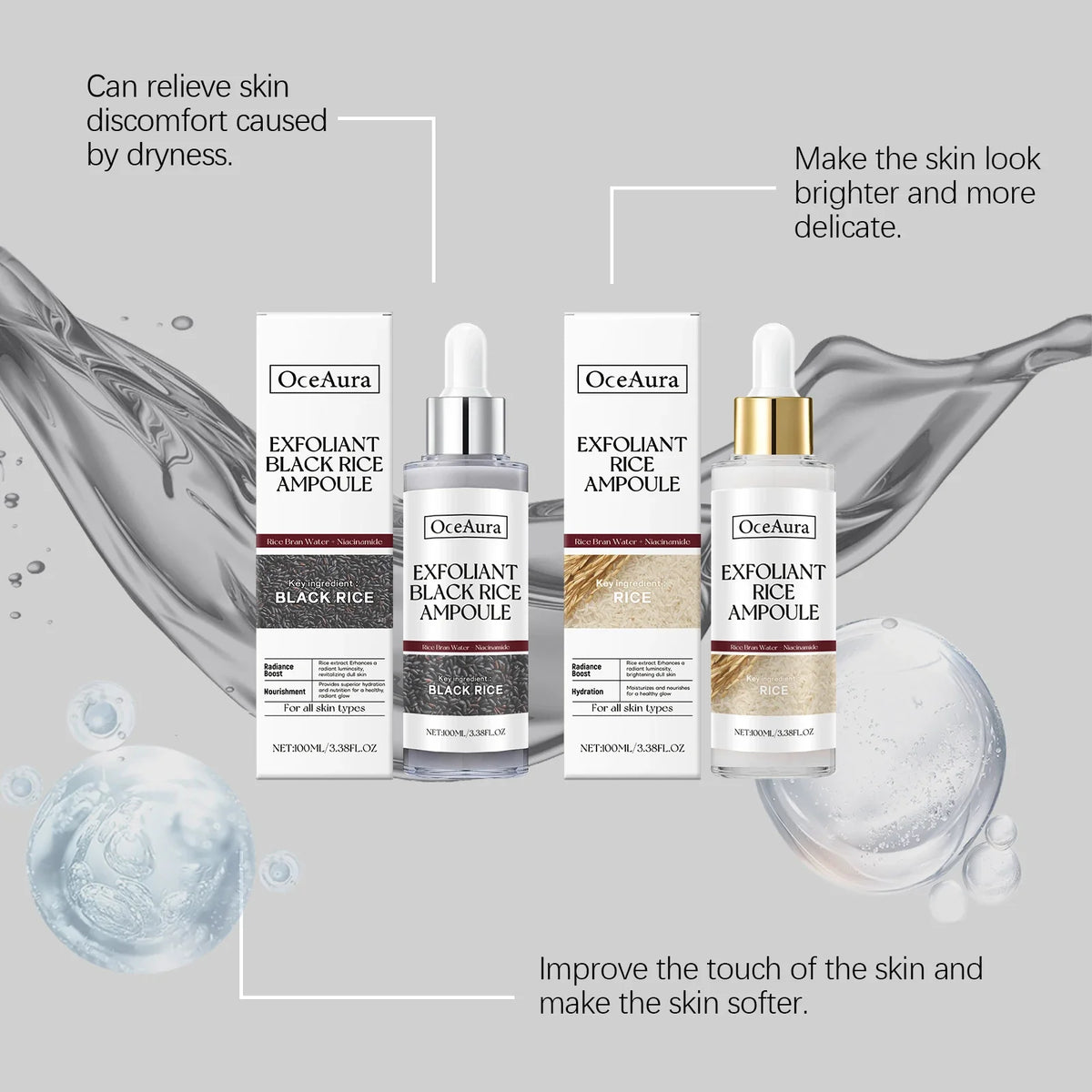 Rice Serum for Face Hydrating Brighten Skin Repair Smooth Facial Essence Gentle Exfoliation Remove Blackheads Collagen Ampoules