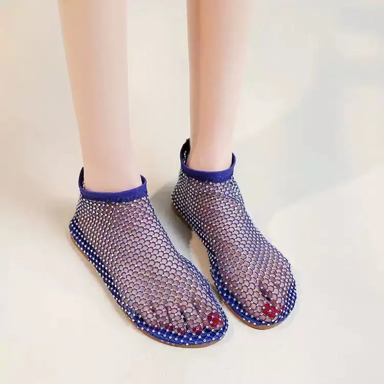 Luxury brand Women's New Round Toe Flat Bottom Slippers Hollow Short Boots Water Diamond Sexy Flat Bottom Banquet Sandals