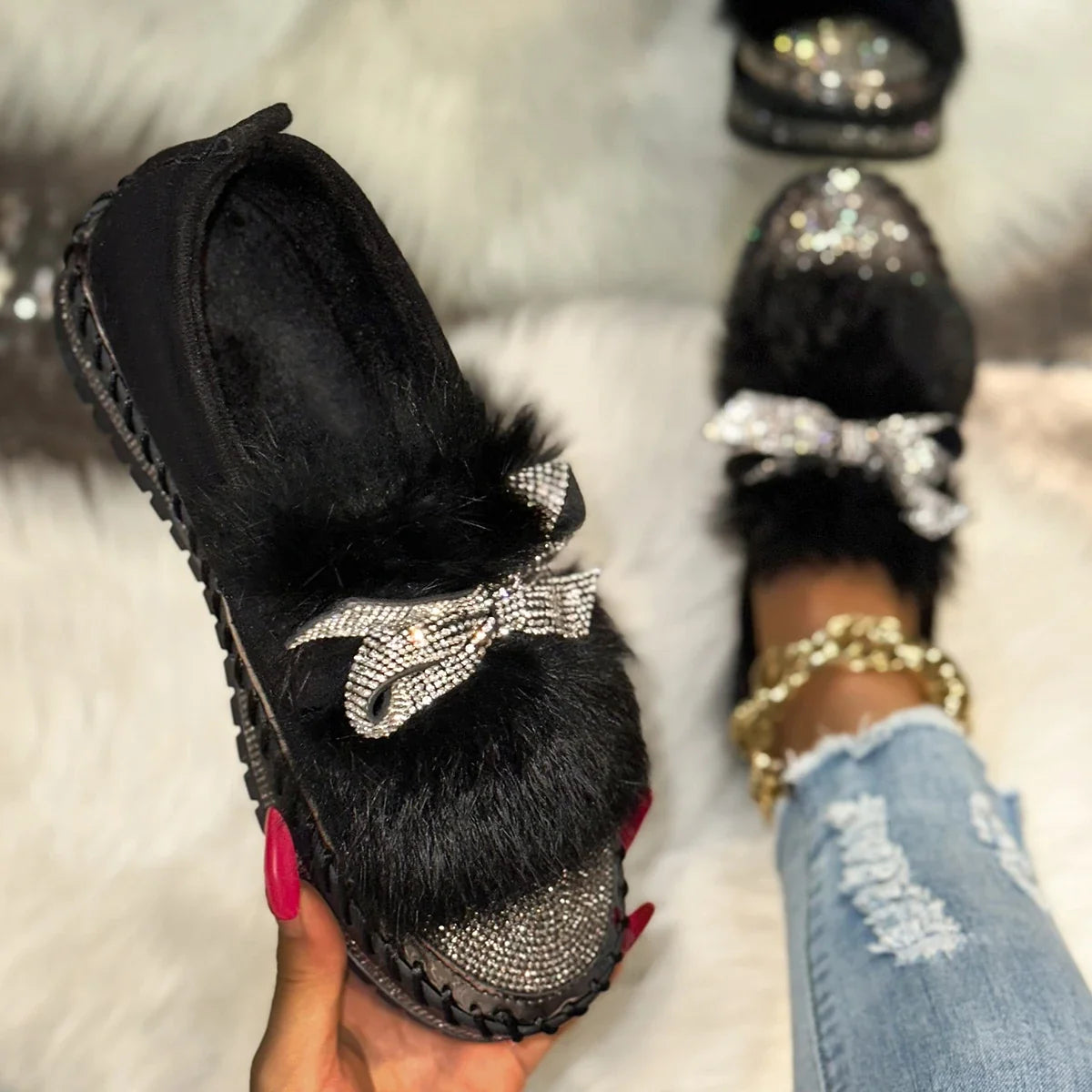 Trend Women Sneakers Furry Crystal Bow Women Casual Shoes Flat Platform Loafers Short Plush Warm Autumn Winter Sneakers Woman