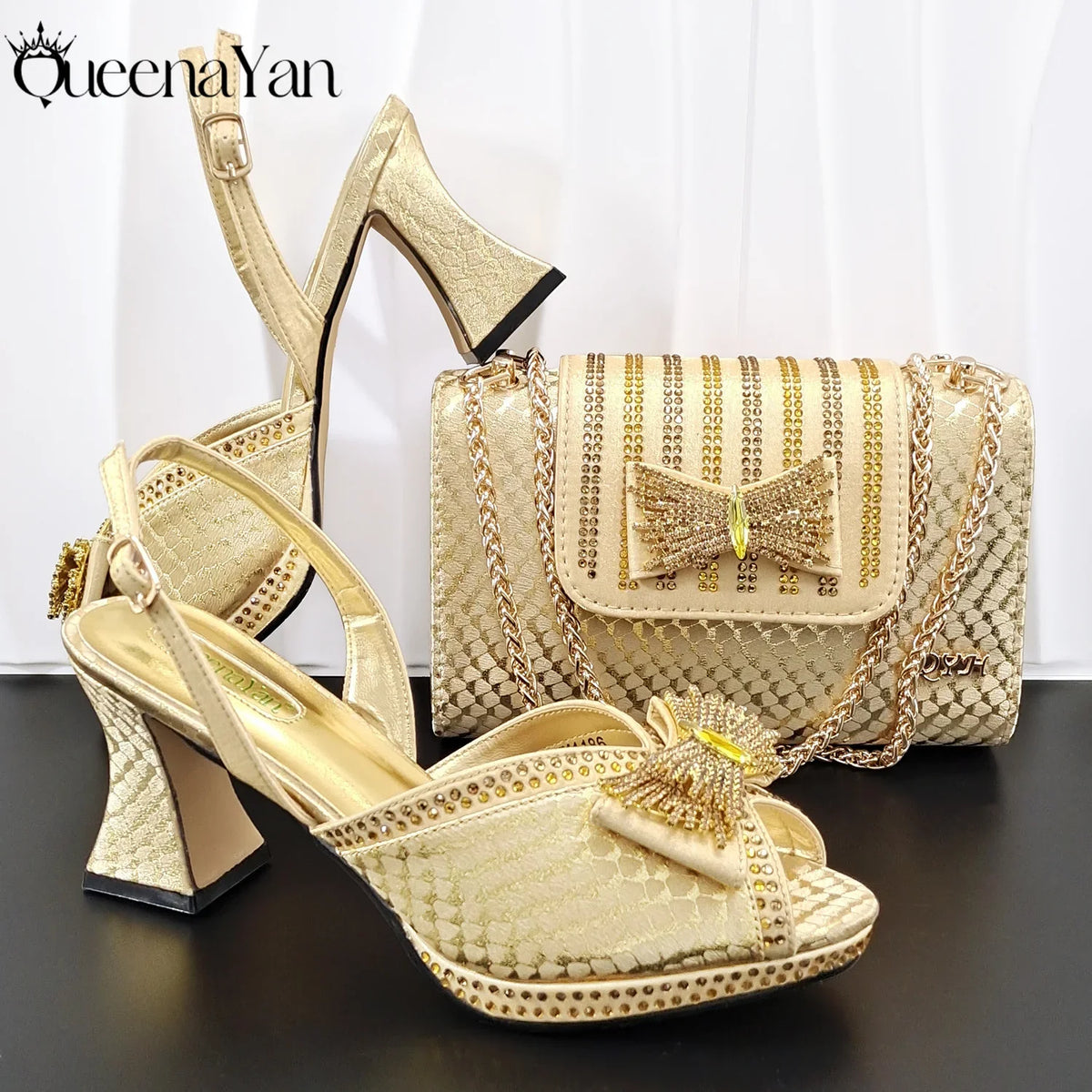 QueenaYan 2026 New Italian Pumps and Bag To Party INS Style Open-Toe Rhinestone Elegant High Heels for Women Party