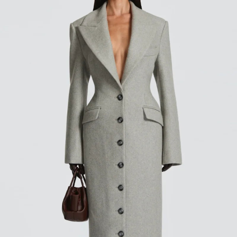 Women's Long Coat Slim V Neck Single Breasted Overcoats Shoulder Pad Maxi Jackets with Belt 2025 New Winter Lady Commute Outwear