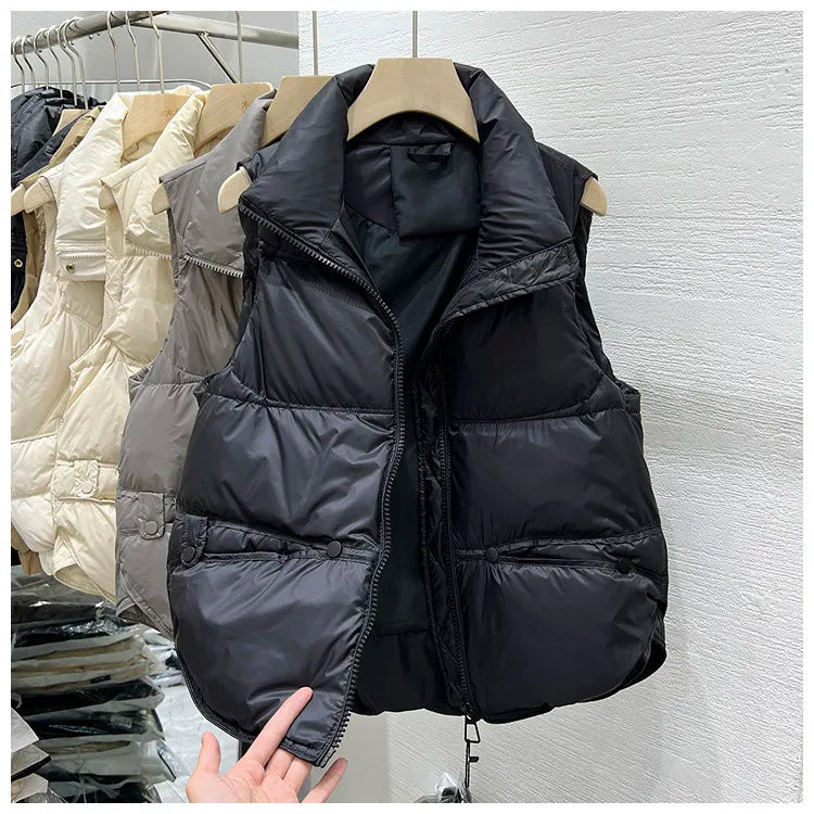 Women Autumn Winter Down Cotton Vest Jacket 2025 New Women Loose Stand Collar Vest Coat Women Short Vest Jacket Cotton Waistcoat
