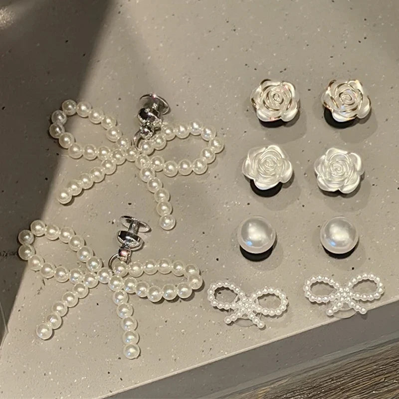 New Pearls Bowknot Shoes Charm Set 2026 Punk Heart Flowers DIY Shoe Accessories Ballet Style Silver Detachable Shoe Buckle Decor