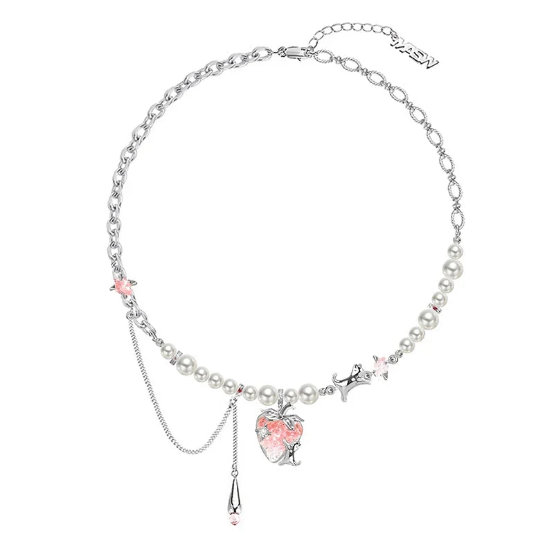 MASW Original Design Elegant Temperament Pink Strawberry Pendant Necklace For Women Wedding Gifts Modern Jewelry Accessories