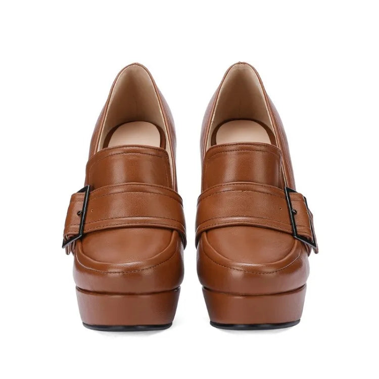 Round Toe High Heel Belt Buckle Women Single Shoes 2024 New Black Brown Spring Autumn Waterproof Platform High Heels Size 34-43