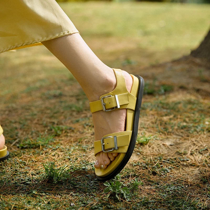Summer Sandals Genuine Leather Yellow Footwear Flat Heeled Roman Style Women Sandals Gladiator Buckle Strap Shoes