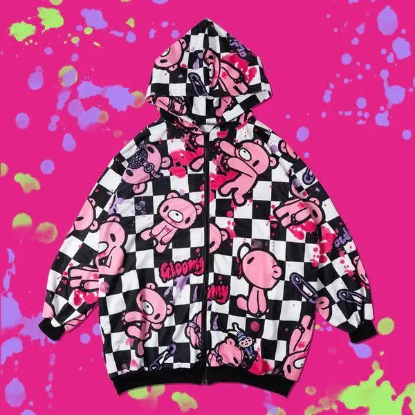 American High Street Y2K Hoodie Women's Cartoon Printed Bear Long Sleeve Coat Subculture Graffiti Yami Kawaii Loose Hooded Coat