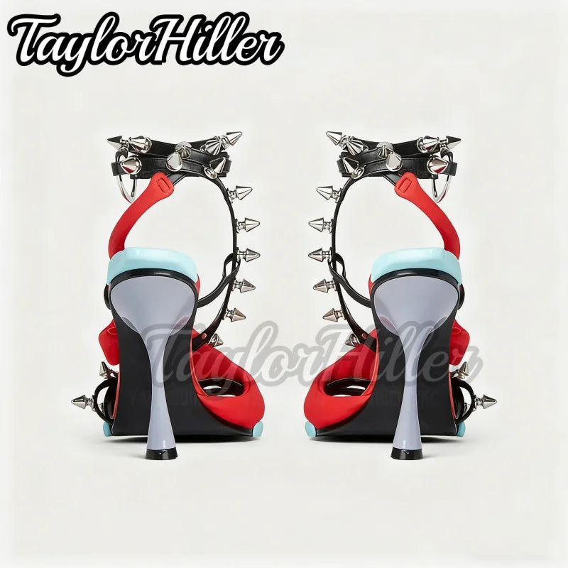 Punk Style Rivets Flower Heeled Sandals Open Toe Mixed Color High Heels Women Luxury Designer Summer Spike Heel Shoes Y2K Shoe