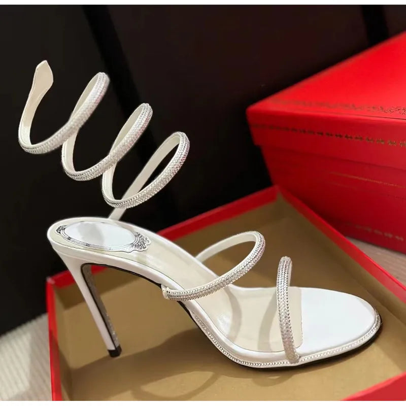 Fashion Summer Snake Twine Around Crystal Women Sandals Luxury Rhinestones Thin High heels Gladiator Sandals Party Prom Shoes