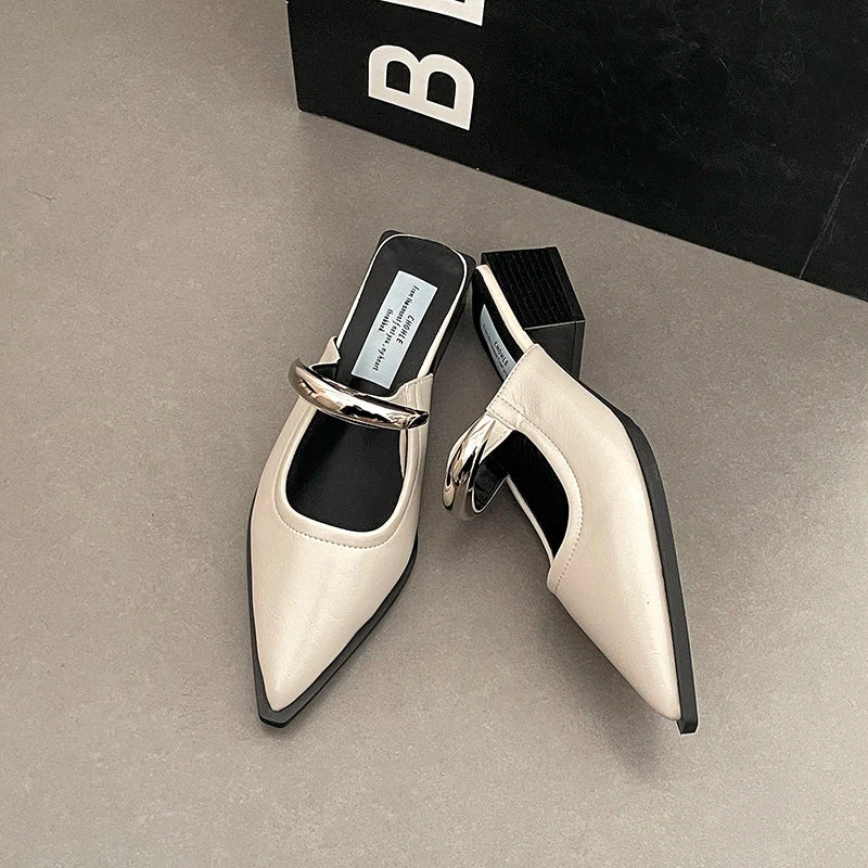Summer Women Cover Toe Mules Slippers Fashion Metal Decoration Thick Heel Slide Shoes Comfort Street Style Footwear