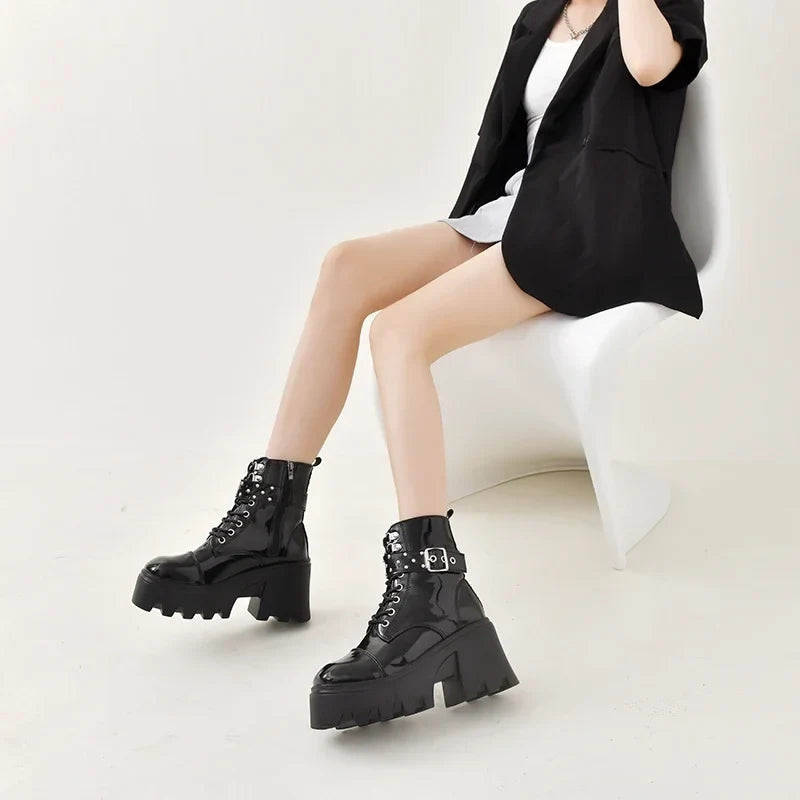 2024 Platform Thick Gothic Boots Lady Buckle Autumn Shoes Women Wedges Knee High Boots Punk Street Motorcycle Chain