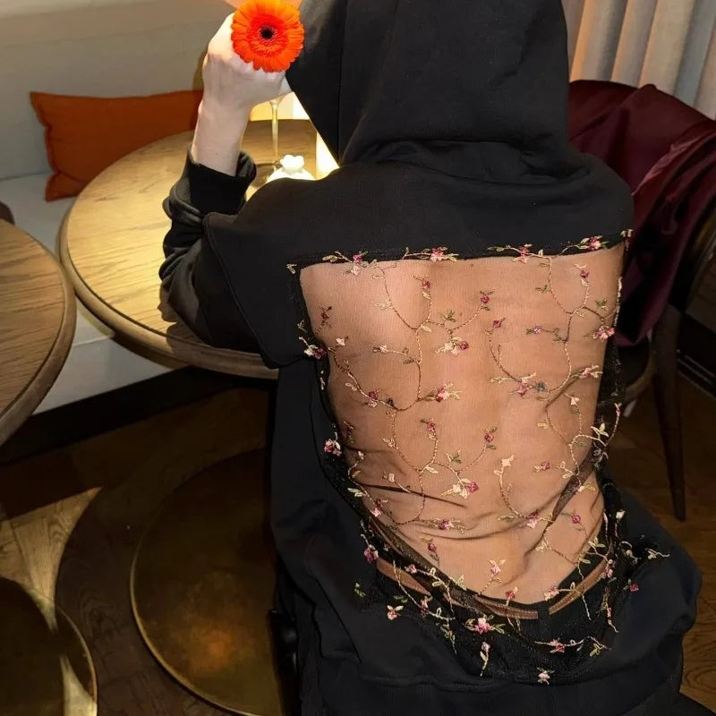 Women’s Backless Hollow Mesh Hoodie Long Sleeve Solid Color Sweatshirt Casual Top for Autumn and Winter Perfect Christmas Gift
