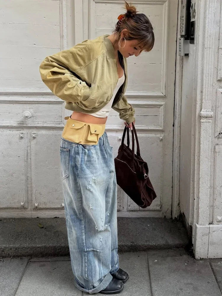Fashion Short Bomber Jacket Women Casual Long Sleeve Round Neck Zipper Loose Cropped 2026 Jackets Lady Spring Street Outerwear