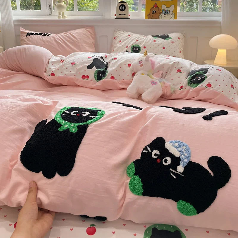 Cute Cat Bedding Set For adults kids Brown pink Lovely Bed Sheet set With Pillowcases Colorful King Queen Full size