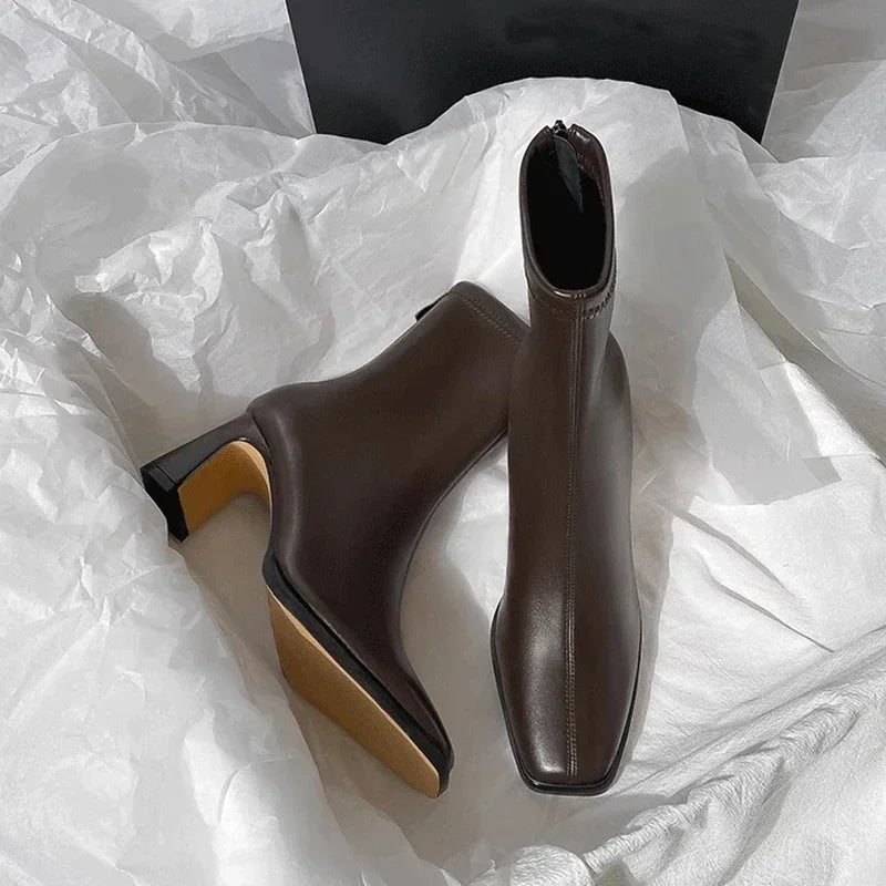 Vintage Warm Cotton Women Ankle Boots Fashion Elegant Square Toe Shoes Autumn Winter Thick Heel Women's Short Booties