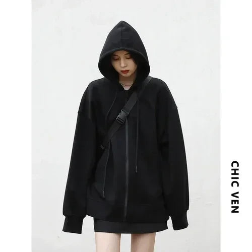 CHIC VEN Women Sweatshirts Hoodies Solid Loose Casual Hooded Female Tops Lady Coat Medium Length Overcoat Spring Autumn 2025