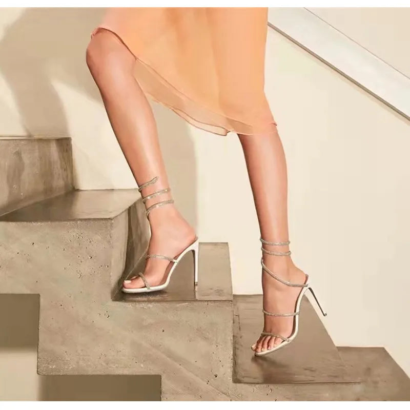 Fashion Summer Snake Twine Around Crystal Women Sandals Luxury Rhinestones Thin High heels Gladiator Sandals Party Prom Shoes