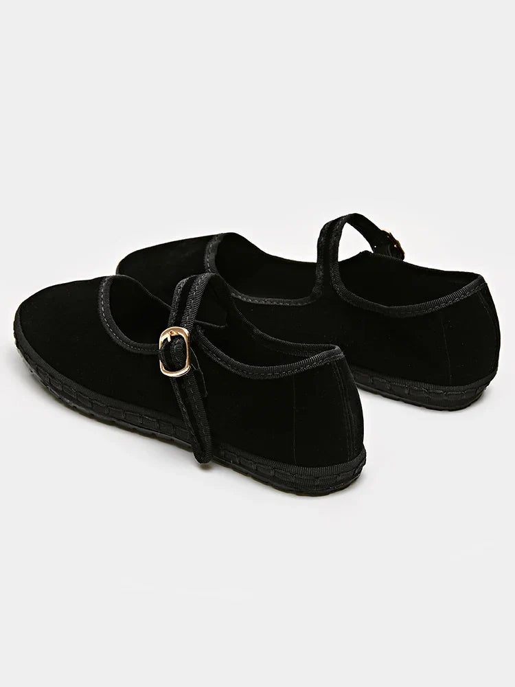 Velvet Mary Jane Shoes for Women Hand Stitch Casual Streetwear Ballet Flats Pumps Female Solid Color Red Cloth Shoes Loafers