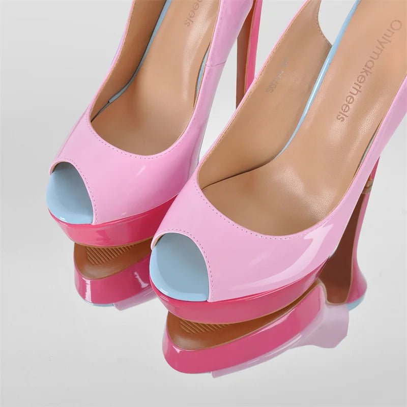 Onlymaker Pink Patent Leather Peep Toe Platform Stilettos Sandals Thin Heel Sexy Buckle Strap Party Slingback Sandals